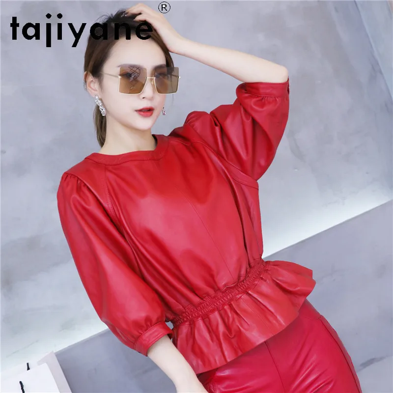 TAJIYANE Genuine Sheepskin Leather Jacket Woman Outerwear Cropped Leather Coat 3/4 Sleeve Jackets for Woman Loose Top Streetwear