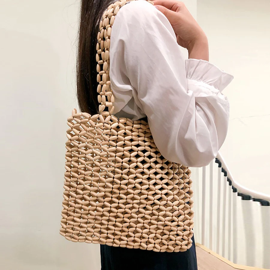 

Summer Wooden Bead Handmade Woven Bag Exquisite Hollow-out Wooden Beaded Shoulder Bag For Women Beach Bags Banquet Handbag Bolsa