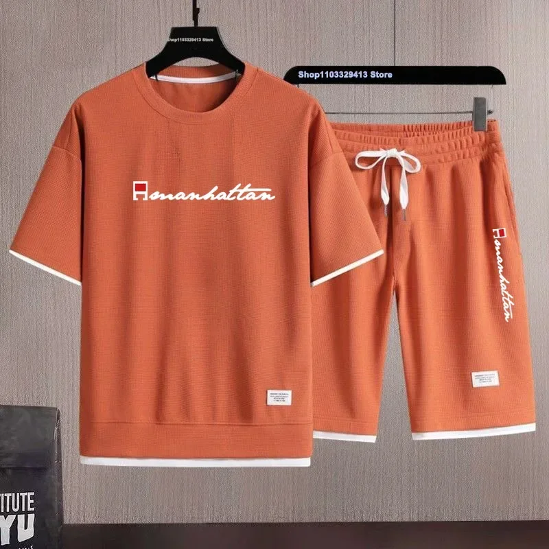 Летний Повседневный дышащий спортивный костюм для бега, Мужская модная футболка с принтом и шорты, костюм из двух предметов для спортзала, фитнеса,