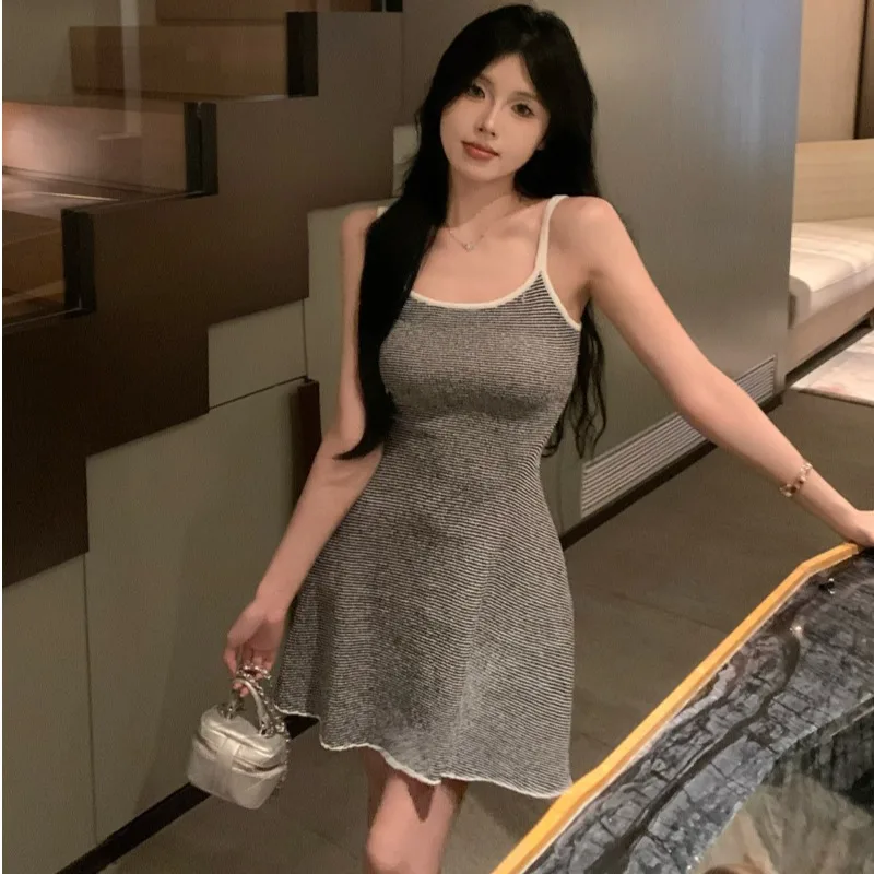 

Summer New Casual Style Pure Desire Backless Short Skirt Sexy Waist Slimming Stripe Knitted Strapless Dress Women