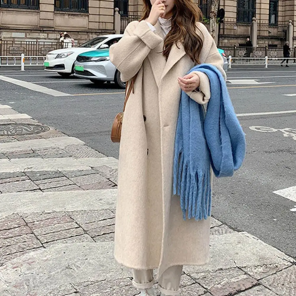 Women Woolen Coat Double-Breasted Lapel Stylish Overcoat Warm Mid-Length Double Pockets Winter Coat Lady Clothes Accessories