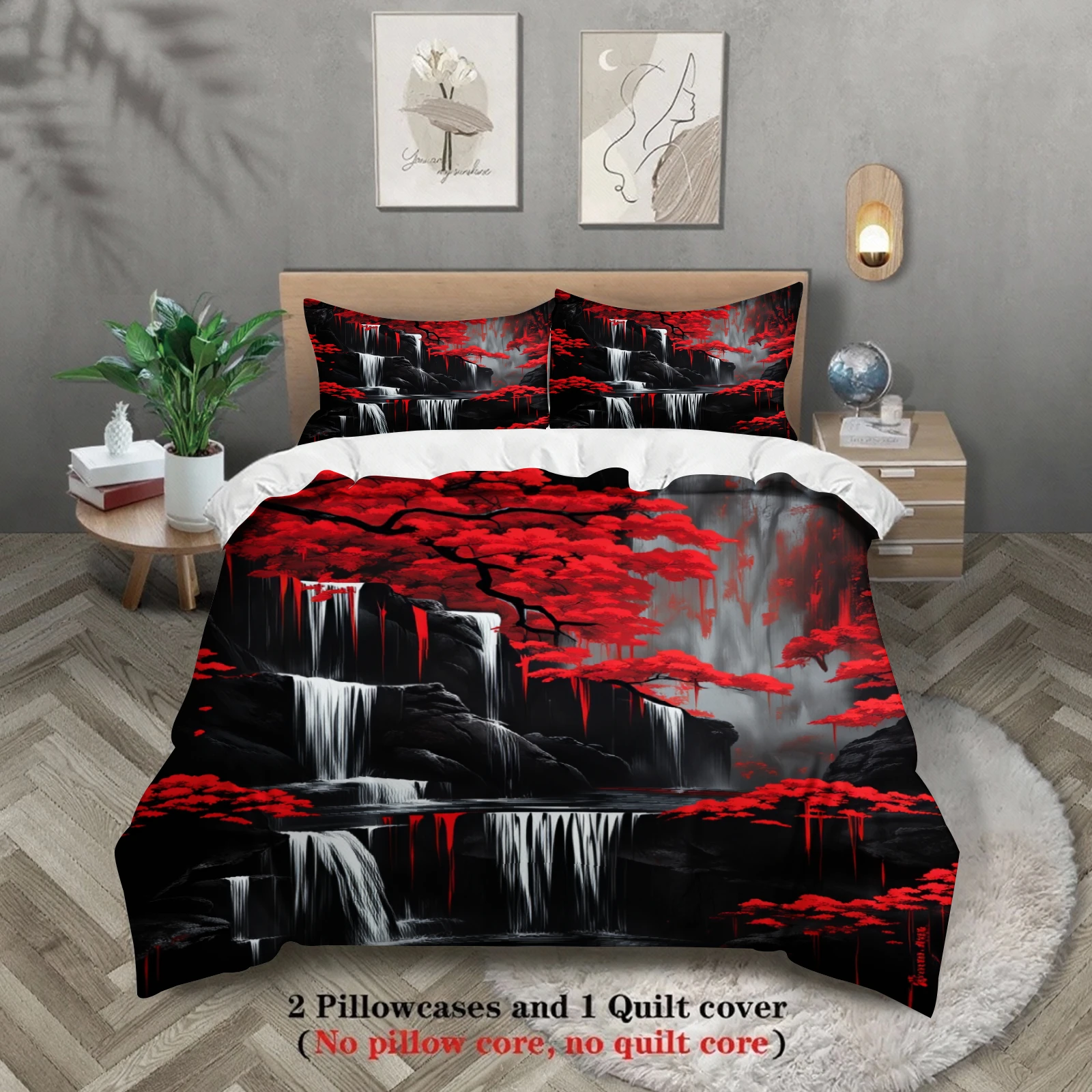 3pcs Red Maple Tree Waterfall Bedding Sets 3D Printed Nature Landscape Duvet Cover Sets With Pillowcases No Filling
