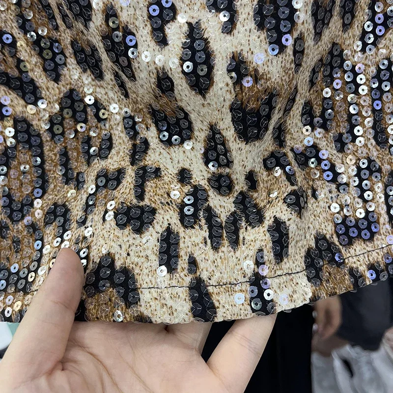 Trendy Sequined Leopard Print Skirt for Women Sexy Spicy Girl High Waist A Line Hip Short Skirt Casual Street Khaki Black