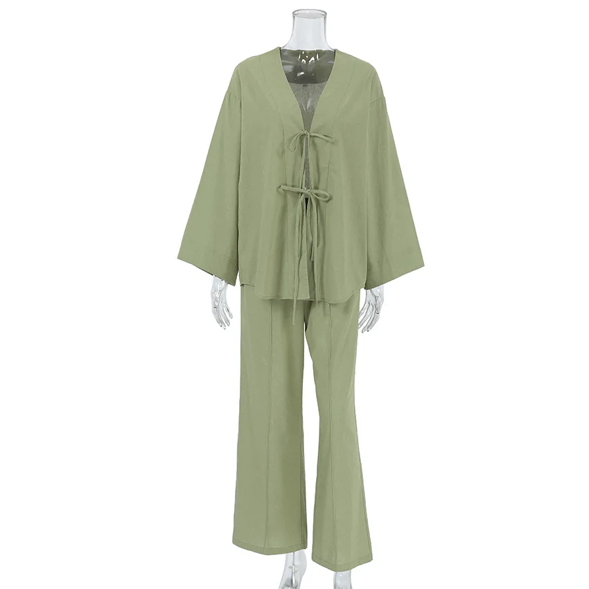 Jyate Green Cotton And Linen Suit V-neck Lace Long-sleeve Trousers Casual 2-piece Suit 2024 Autumn Fashion New Women Outfits