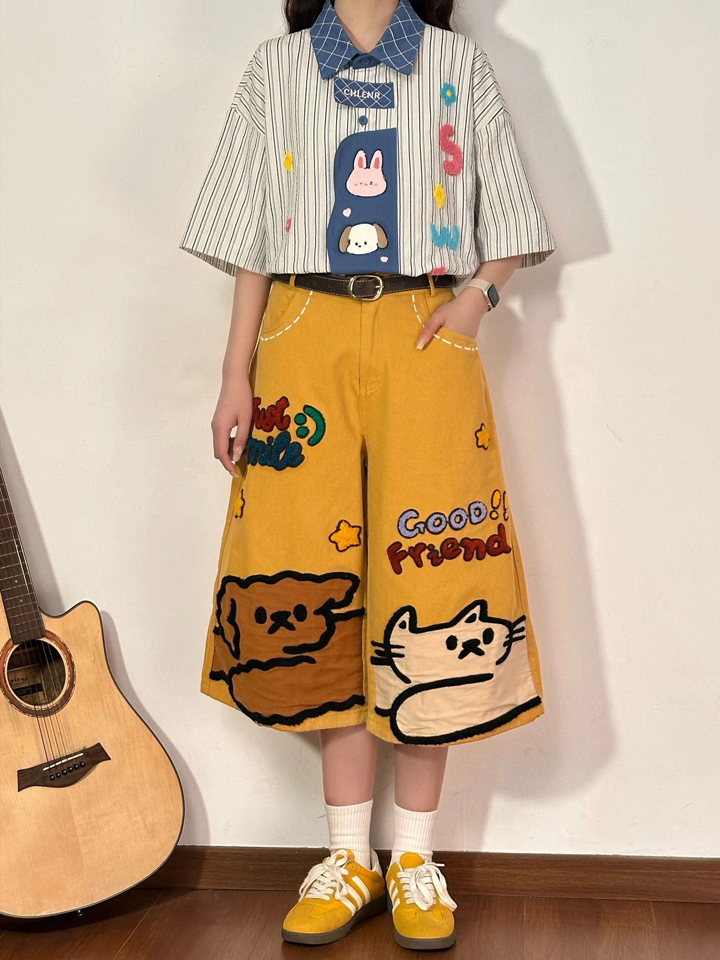 

Original American Retro Cartoon Embroidery Wide Leg Shorts Women's Summer New Loose Straight Cut Pants Casual Cotton Street S...