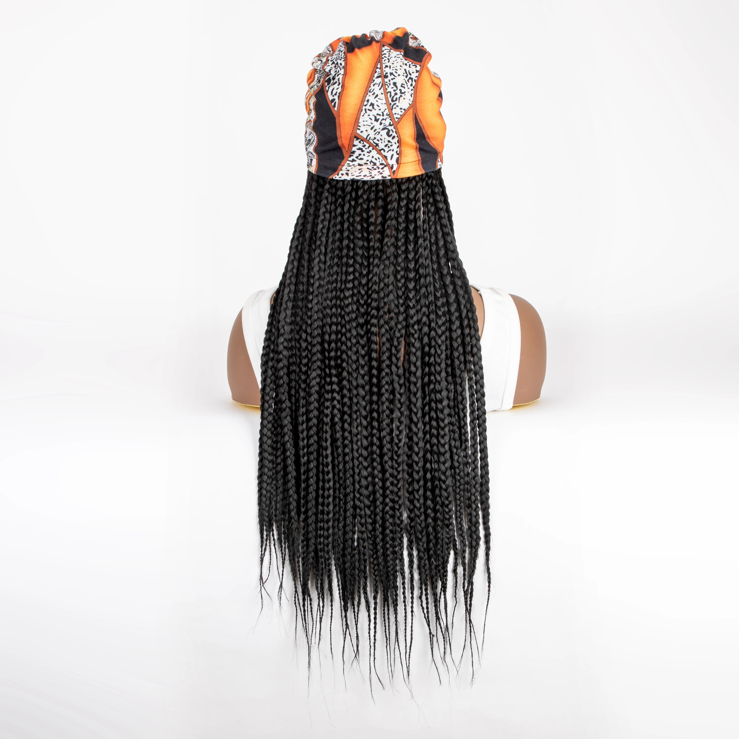 WIGERA Long Orange Headband Braided Synthetic Wig With Turban Hat Black Box Braiding Hair Extensions Head Scarf Easy Hairstyle