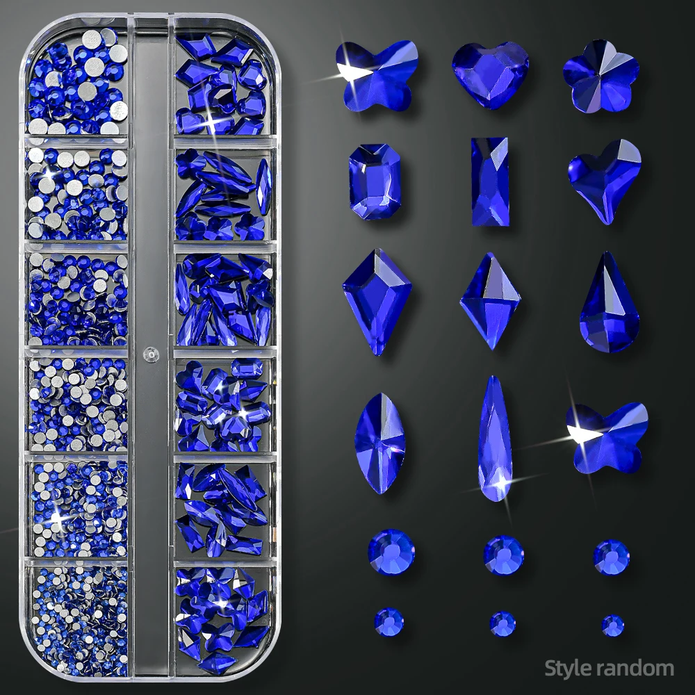 12Grids 3D Luxuries Sapphire Ice Blue Nail Rhinestones Round/Heart/Square/Rhombus FlatBack Nail Rhinestones Jewels Nail Supplies