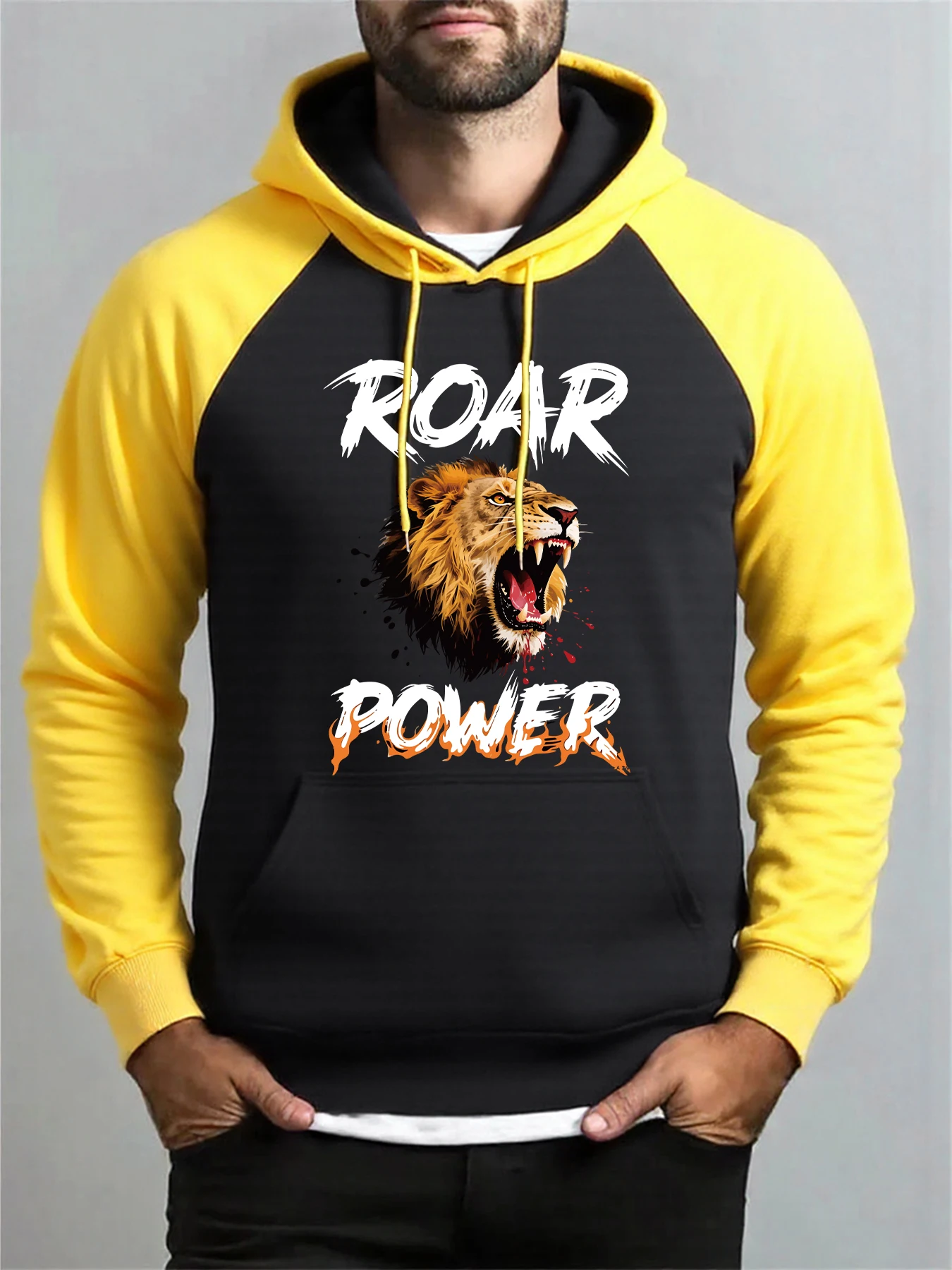 

Roar Power Lion Pattern Men Raglan Hoody Pocket Hoodie Casual Oversize Pullover Multicolor Fleece Streetwear Autumn Fashion Coat