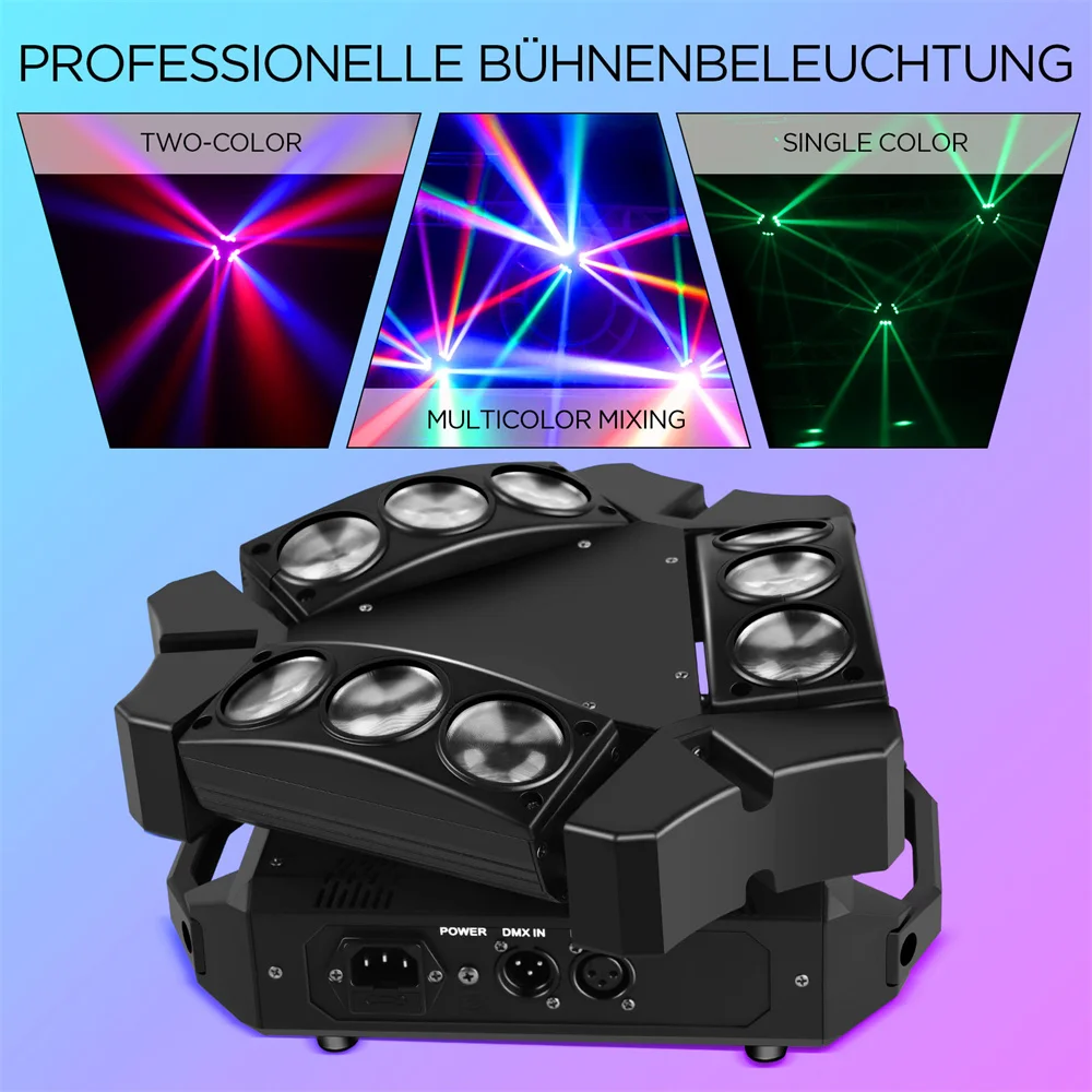 Mini 9 Head Bird Moving Head Stage Effect Light 60W RGB LEDs DMX512 and Sound Active for Wedding Disco Parties and Indoor Events