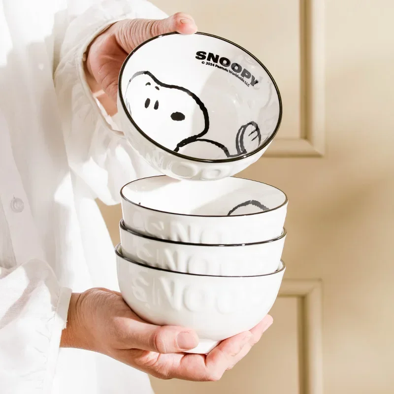 Anime Cartoon Snoopy 4 Piece Ceramic Bowl Gift Set Embossed Series 300ml Large Capacity Rice Bowl Soup Bowl Gift for Friends