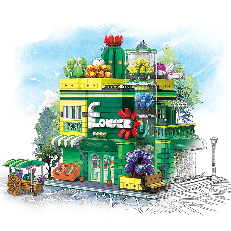 MOC Succulent Plant Store Modle Building Blocks Kit Building Street Scene House Bricks Puzzle DIY Toy For Kid Gifts Birthday Day