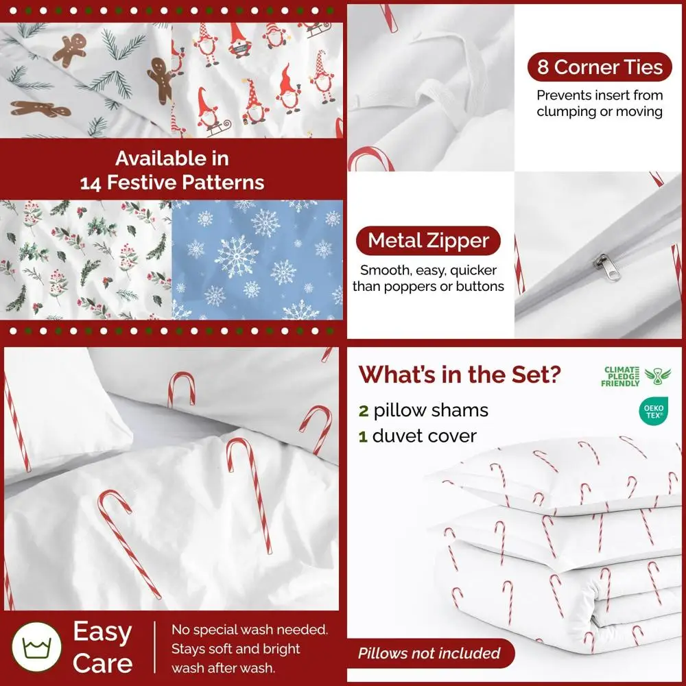 

Extra Soft Queen Duvet Cover Set with 2 Pillow Shams - Candy Cane Holiday Xmas Bedding - Zippered and Tied Closure - Breathable