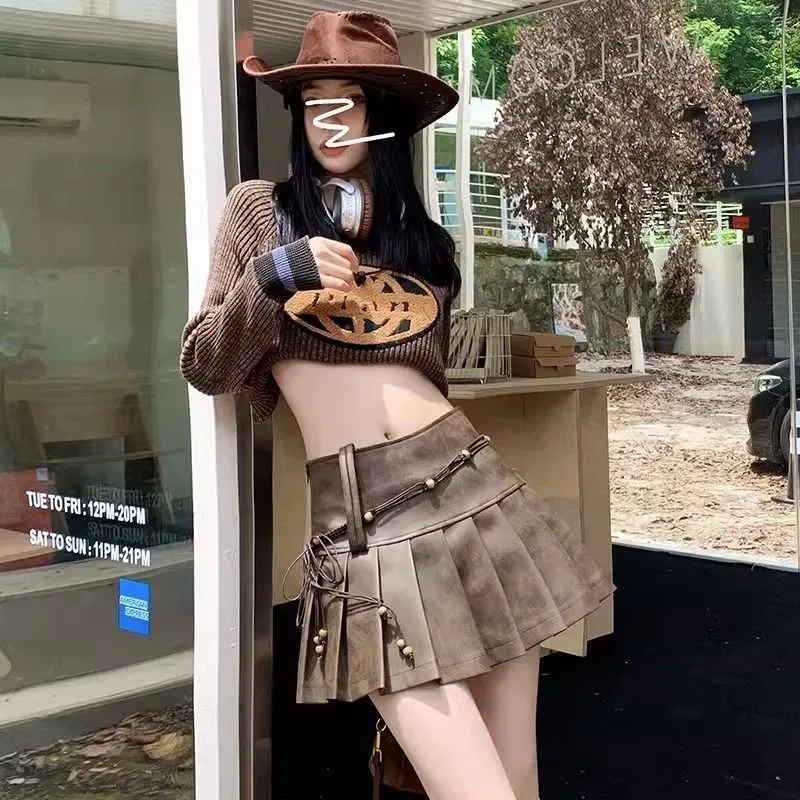 

Retro Brown Dopamine Hot Girl Leather Korean Style Maillard High Waist PU Leather Pleated A-Line Skirt