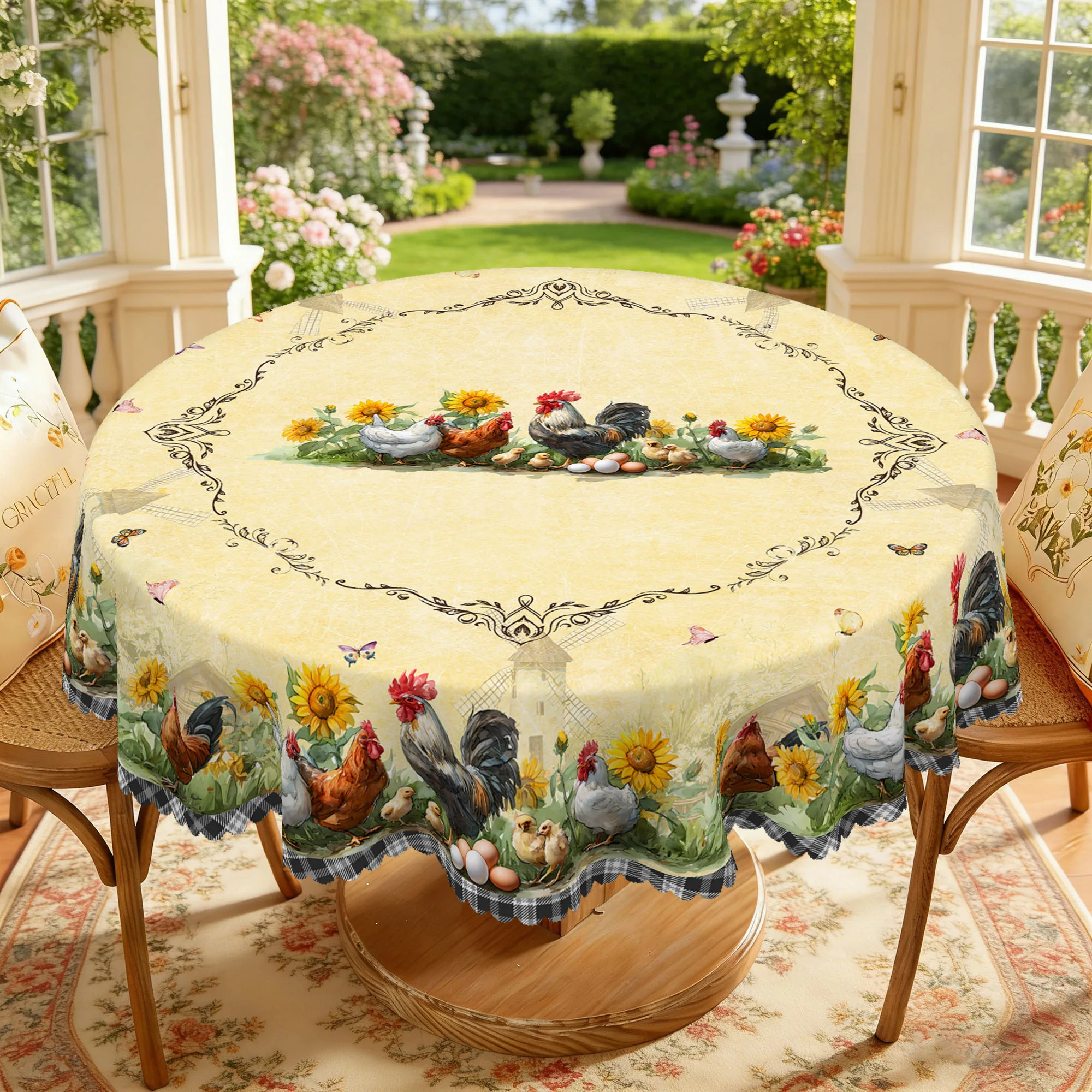 1 Piece of Cute Chicken Flock Print Round and Rectangular Tablecloth, Available in Various Sizes, with Vintage Windmills and Bright Yellow Sunflowers Interwoven with Pastoral Scenery, Featuring a Playful Chicken Flock and Scattered Eggs, with Embossed Edge Design, Suitable for Home Kitchen Use, Outdoor Picnics, Pastoral Style Home Decor, Spring and Summer Home Decoration