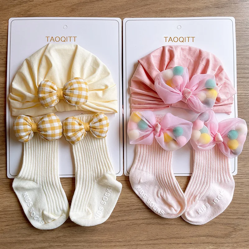 0-1Year Newborn Turban Cap Socks Set Sweet Bow Princess Girls Long Sock Elastic Indian Hat Baby Beanies Kids Photography Props