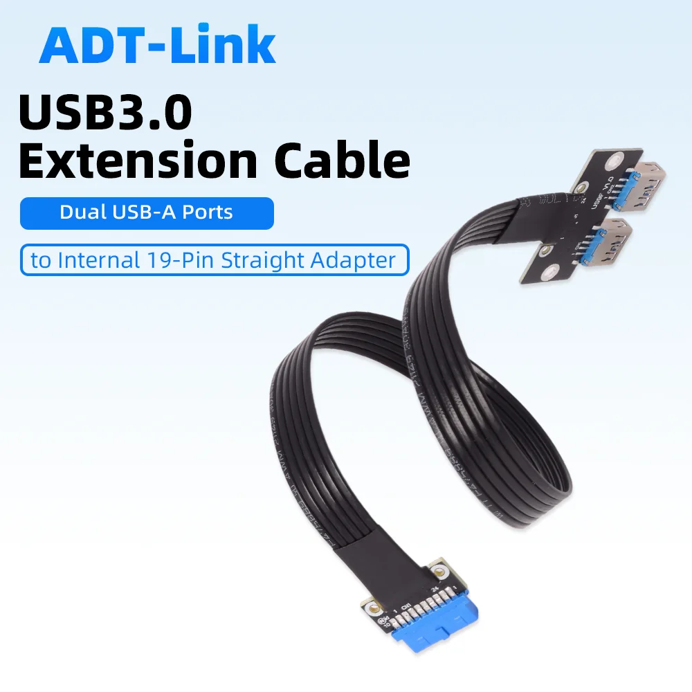 

Fold 90 Degree Double USB 3.0 Type-A To Int.19P USF3-FM-24P Type-E Blue Male Flat Extension Cable with Screw Hole 5Gbps
