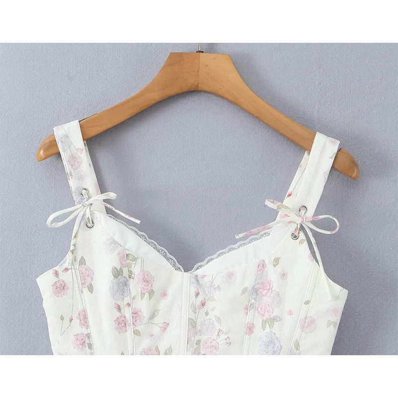 YENKYE French Style Mesh Lace Patchwork Floral Print Sweet Sexy Camis For Pretty Girls Beach Party Holiday Slim Summer Tops