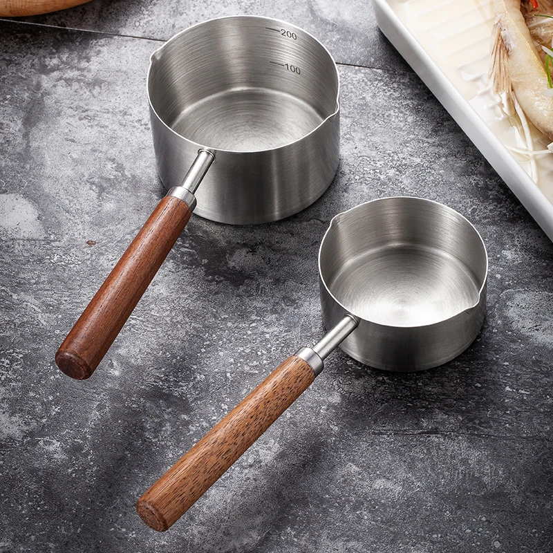 

Multifunctional Pan Stainless Steel Butter Warmer Pouring Hot Oil Pot Milk Coffee Pan With Wooden Handle Snow Pan