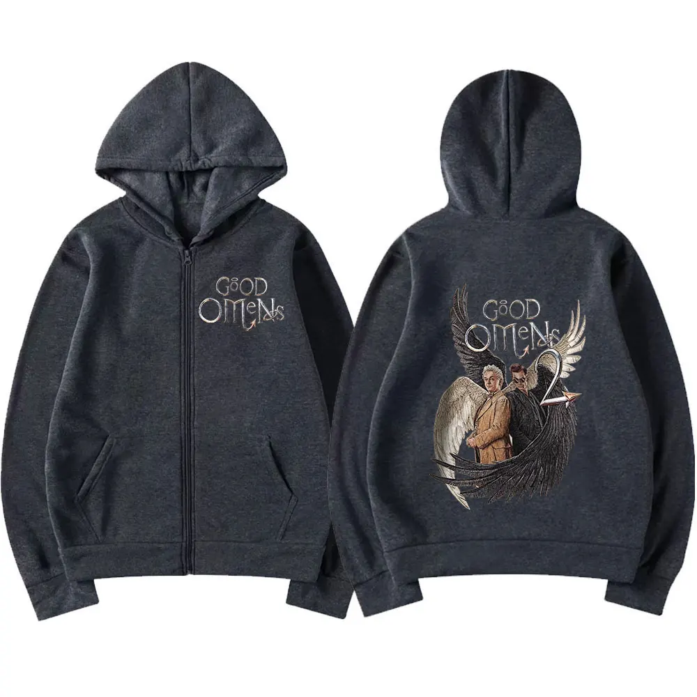 Good Omens Zipper Hoodies Men Fashion Vintage Zip Up Hooded Sweatshirt Unisex Casual Loose Oversized Pullovers Jacket Streetwear