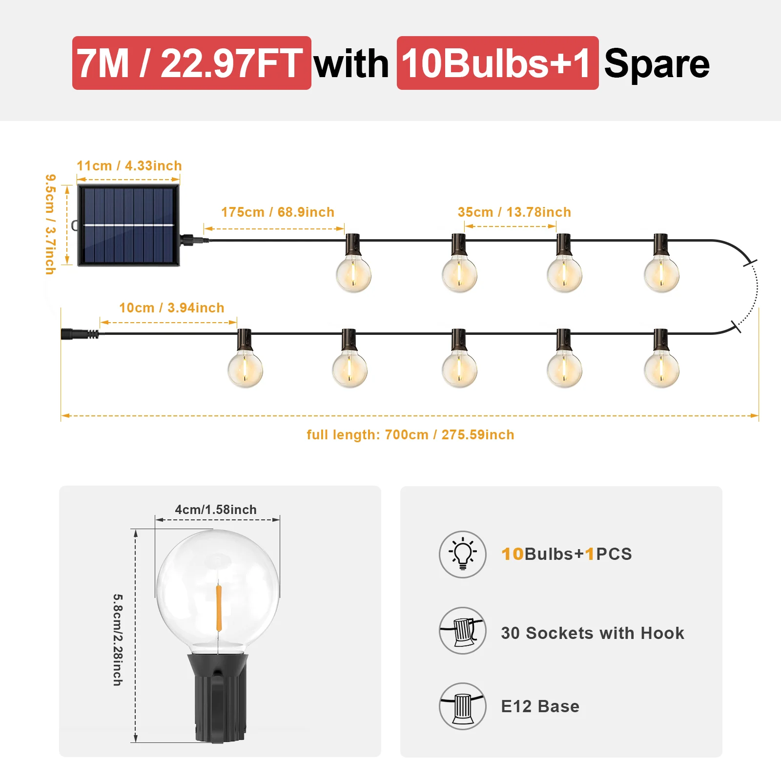 aiopp Solar-Lichterkette für den Außenbereich, USB- und solarbetriebene LED-Außenlichterkette mit bruchsicheren Glühbirnen IP44 für Terrassen-Lichterkette 3