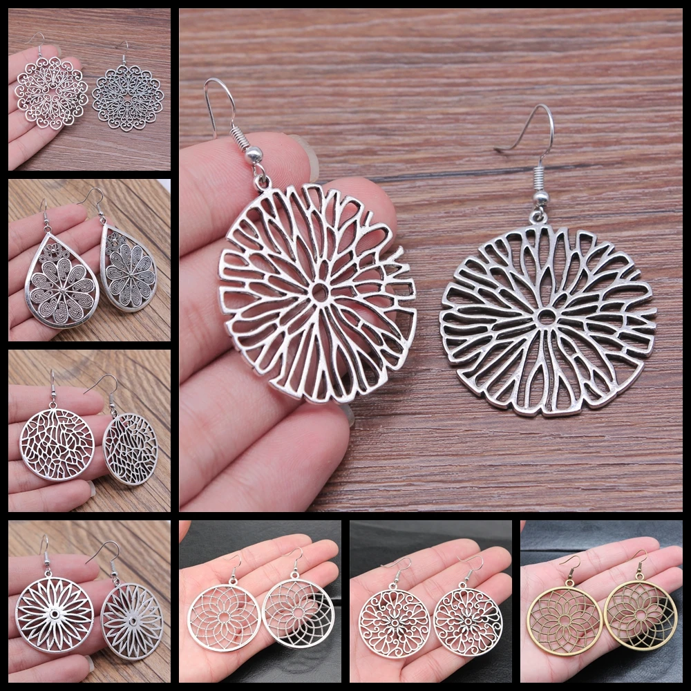 Bohemia Vintage Carve Mandala Flower Antique Silver Color Drop Dangle Earring For Women Girl Antique Hollow Jewelry