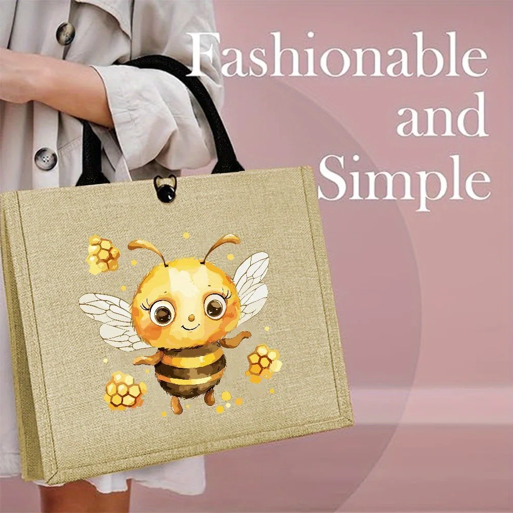 Women Linen Tote Bag Cute Cartoon Bee Honeycomb Print Reusable Shopping Handbag Large Capacity Casual Shoulder Bag For Daily Use