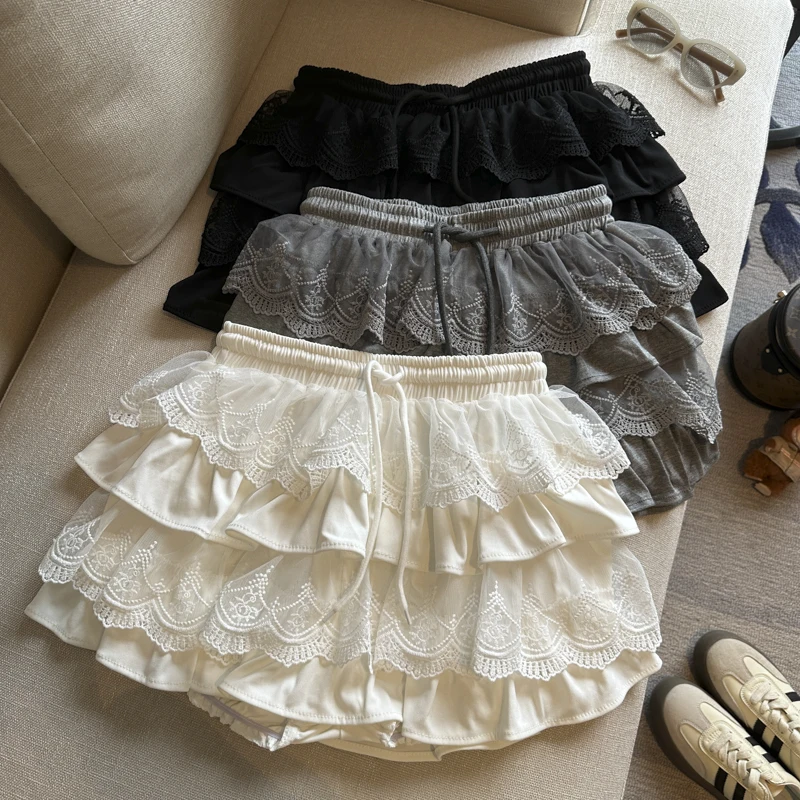 

Summer Lace Splice Cake Skirt Women's Korean Style Elastic Waist Anti-Light A-Line Skirt Slimming Youthful Design