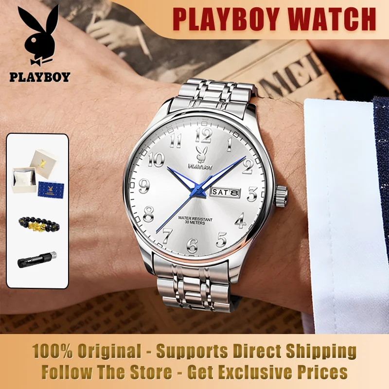PLAYBOY 3533 Оригинальные фирменные часы для мужчин, роскошная подарочная коробка, стальной браслет, арабские цифры, календарь, кварцевые мужские часы