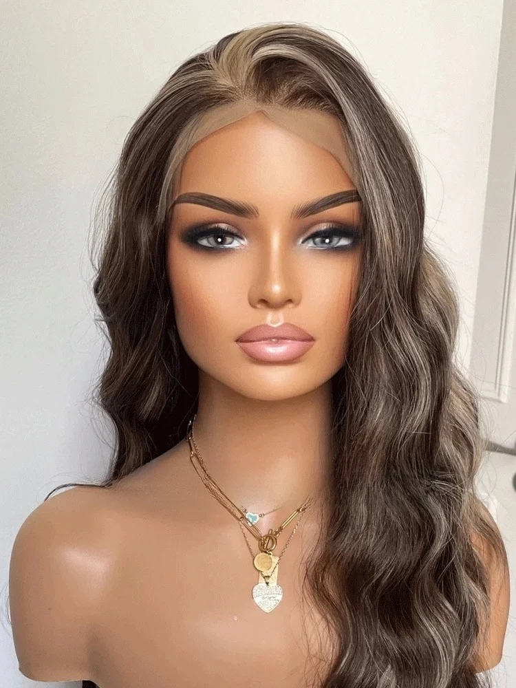 Brunette Brown Lace Front Wig With Blonde Highlights Free Part Wig Ocean Wavy Synthetic Lace Wig For Women Daily Party Use