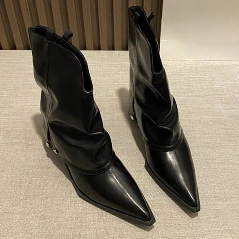 Solid Color Chelsea Boots For Women Mid Heel Pointed Toe Black Knight Boots Cool Female Shoes All-matching Designer Brand Shoes