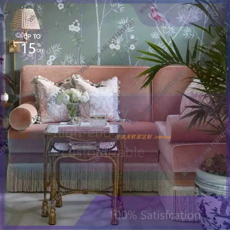 asdf grE Rt French Retro Premium Lotus Root Pink Fringed Concubine Sofa American Bedroom Living Room Balcony Studio Fabric Sofa