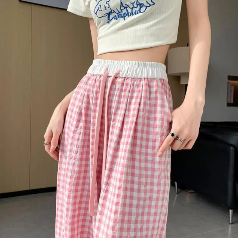 

Women Wide Leg Pants Pink Lattice Summer Thin Design Trousers Loose Fitting Leisure Straight Cylinder Sagging Sensation Pants