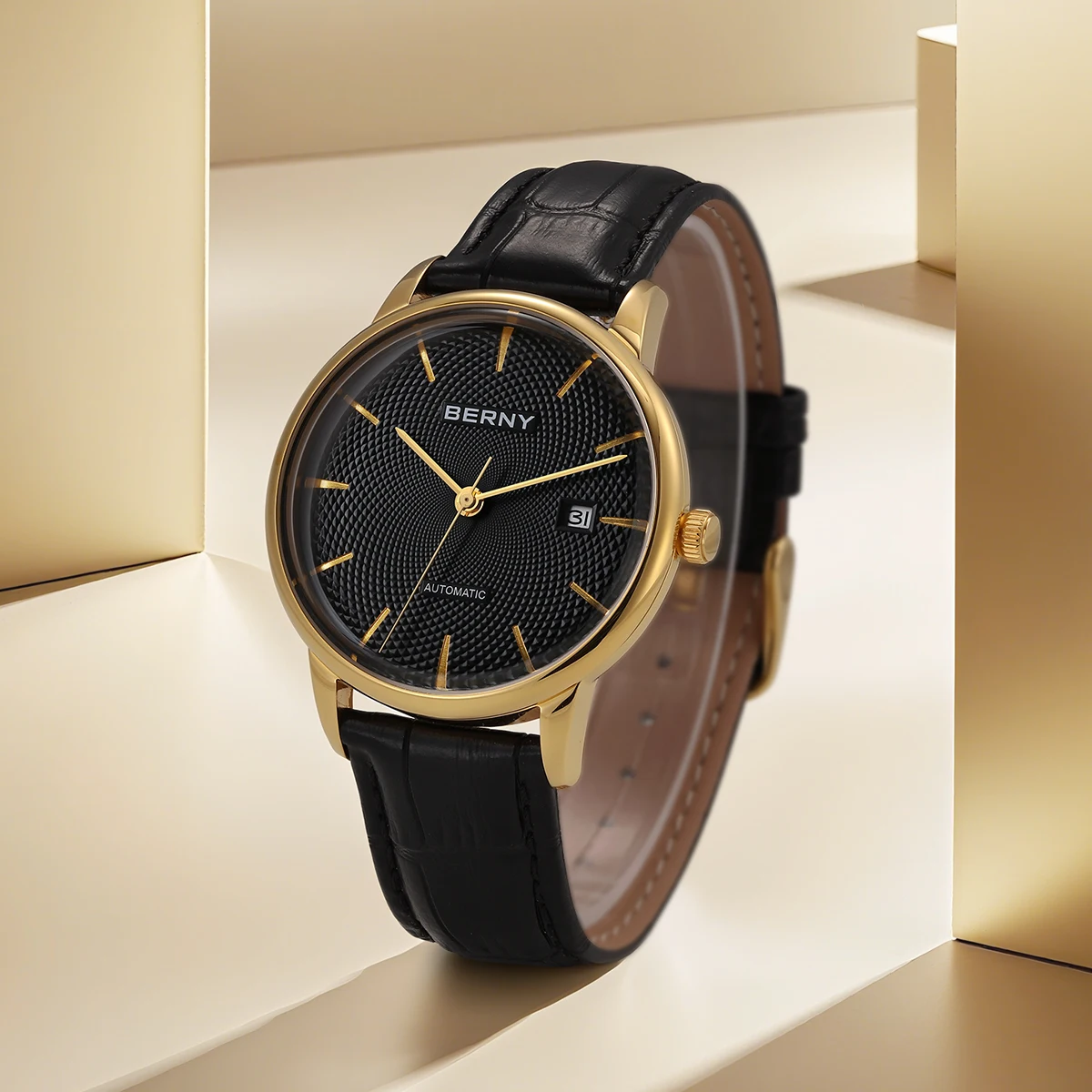 BERNY Automatikuhren für Herren, luxuriöse klassische mechanische Herrenuhr, gewölbtes Glas, Kalender, elegante, schlanke Armbanduhr – Detail 18