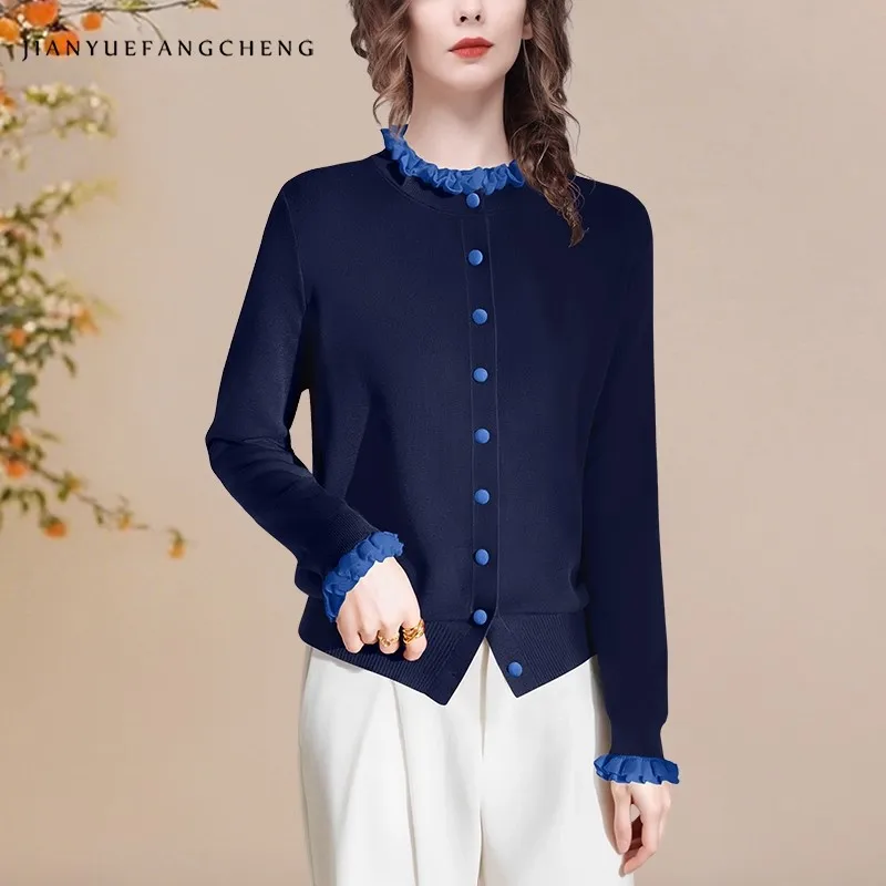 

Осень 202, женский вязаный кардиган с рюшами и воротником, короткий стильный узкий уютный винтажный повседневный топ на пуговицах