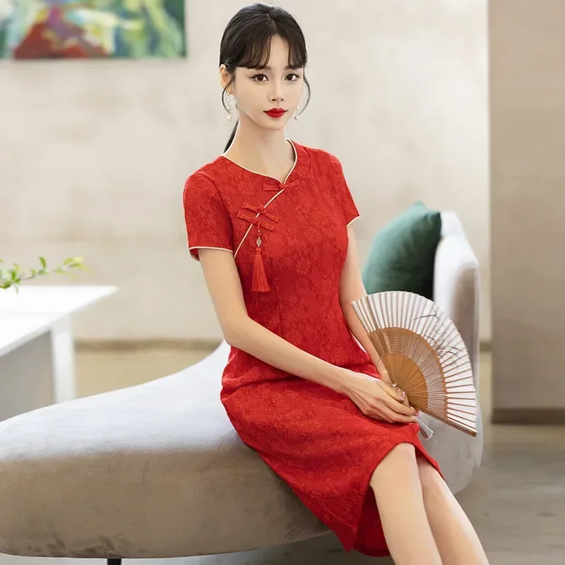 

2024 Chinese Wedding Red Low Collar Ancient Cheongsam Traditional Chinese Style Improved Dress Qipao New Year CNY