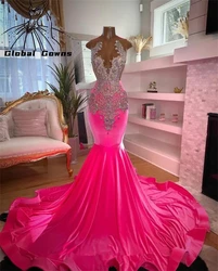 Pink O Neck Long Prom Dress For Black Girls 2024 Beaded Crystal Birthday Party Dresses Rhinestone Evening Gown Robe Customized