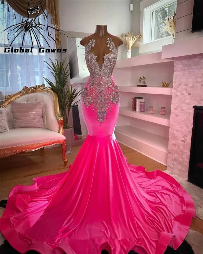 Pink O Neck Long Prom Dress For Black Girls 2023 Beaded Crystal Birthday Party Dresses Rhinestone Evening Gown Robe De Bal