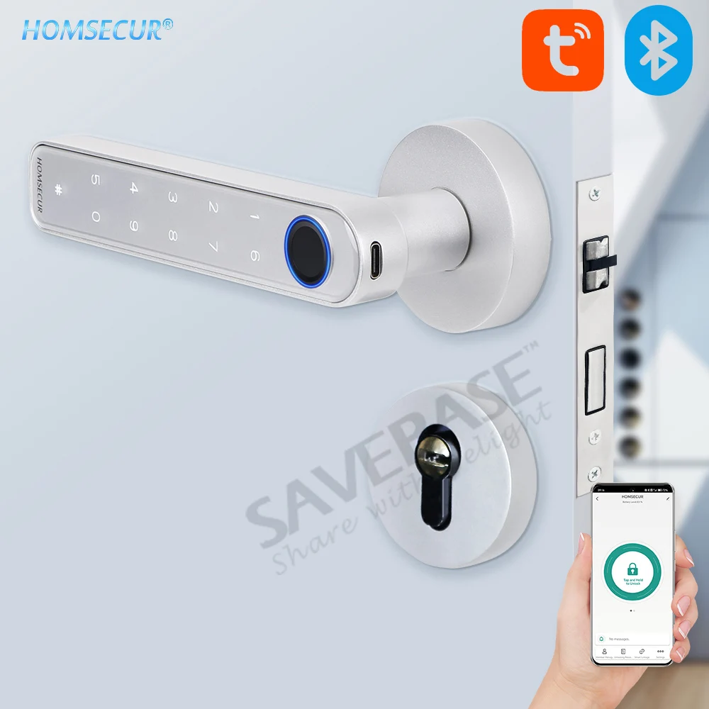 HOMSECUR Smart Door Lock Bluetooth App Control Fingerprint Door Lever Lock With Bluetooth Door Handle Keyless Split