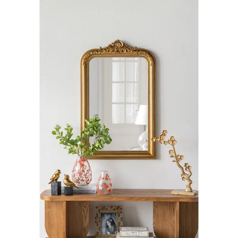 

37.5x23.5 Inch Decorative Arched Wall Mirror with Ornate Gold Crest Design