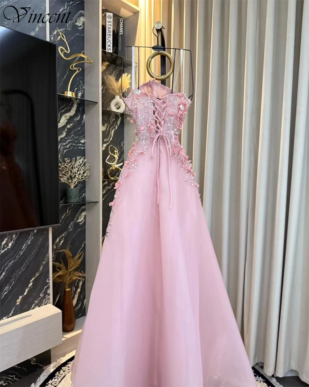 Customized Exquisite Strapless Lace Party Dresses with Sparkly Sequined Simple Pink Organza Prom Gown Lace Up Back Evening Dress image 6