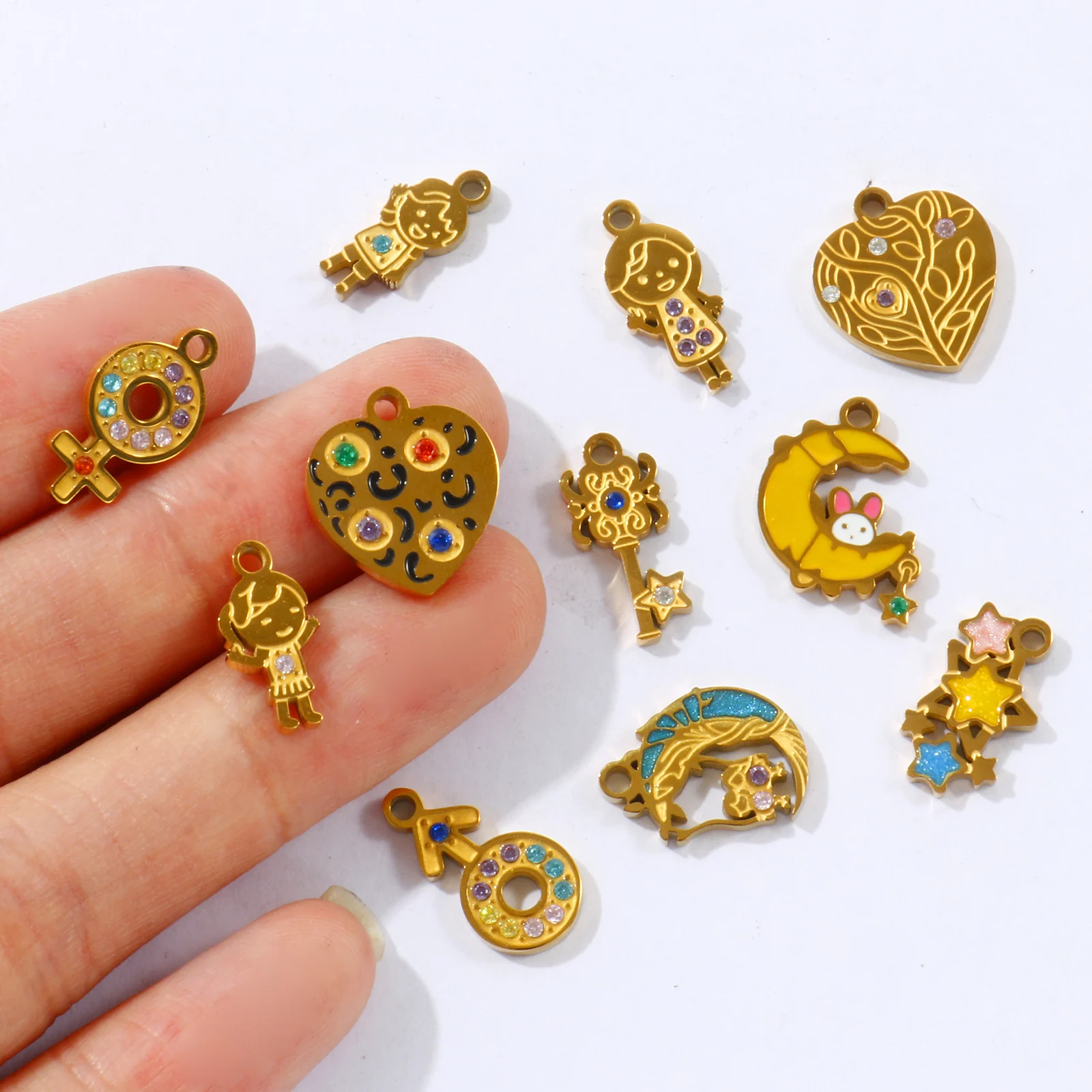 2Pcs Boy Girl Key Star Heart Moon Charms 304 Stainless Steel 18K Gold Plated Cubic Zirconia Enamel Pendants DIY Necklace Making
