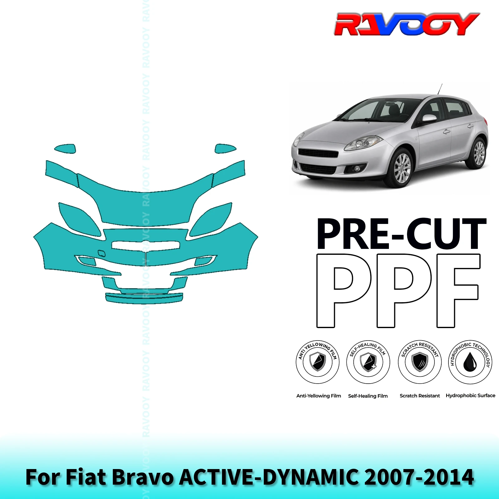 For Fiat Bravo ACTIVE-DYNAMIC 2007-2014 Full Front 8.5Mil Pre-Cut Paint Protection Film PPF Stone Chip Kit | Clear/Matte/Black