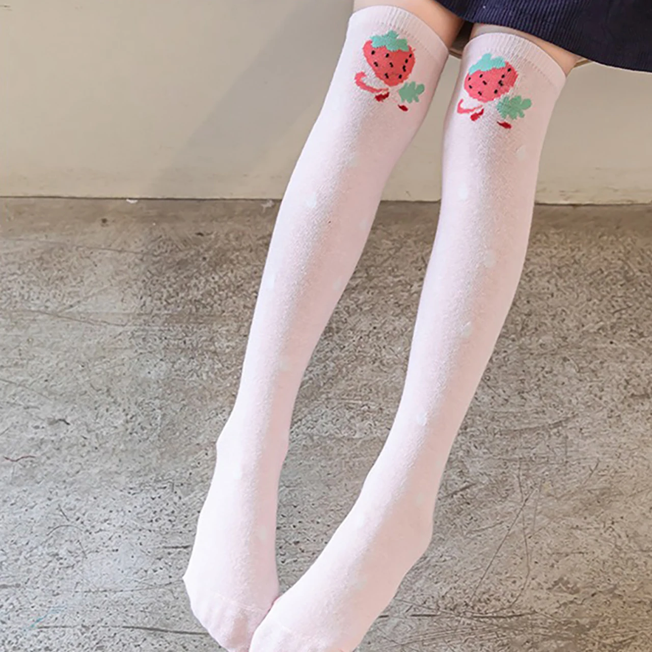 Spring Summer Girl Over-Knee Socks Cotton Pink Strawberry Kids Calf Sock Cute Cartoon Print Children Long Stockings Length 35cm