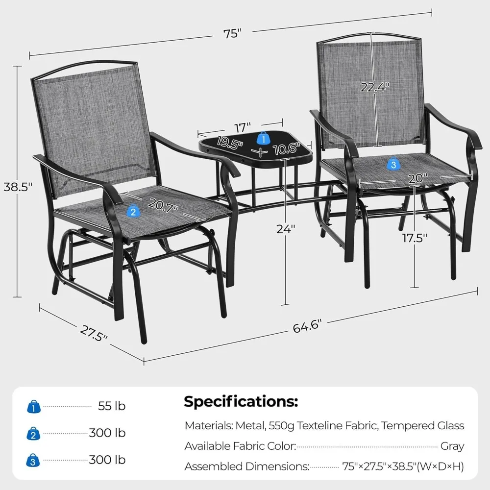 Glider-Segelflugstühle für den Außenbereich, mit Glastisch-Schaukelstühlen, 2-Sitzer für den Außenbereich, mit atmungsaktivem Sling-Stoff