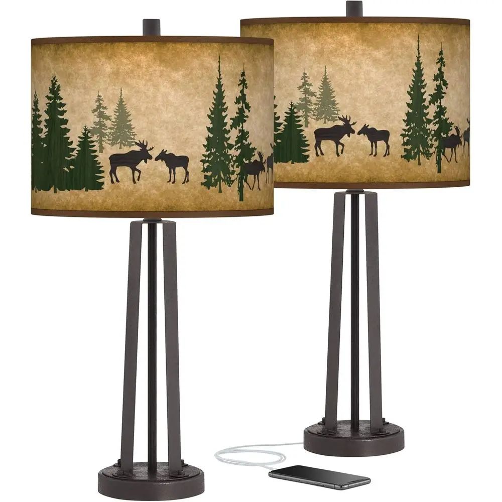 

Набор из 2 геометрических металлических настольных ламп с USB-портами, коричневая бронза, для гостиной, спальни, офиса