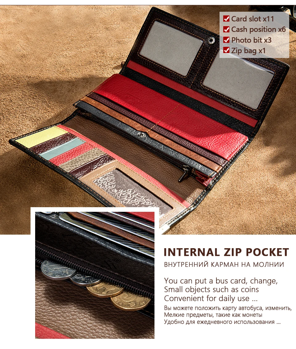 Avatud lehmanahast rahakott, mis sisaldab mitmevärvilisi sektsioone kaartide ja sularaha hoidmiseks ning tõmblukuga taskut müntide jaoks, asetatud beežile taustale.