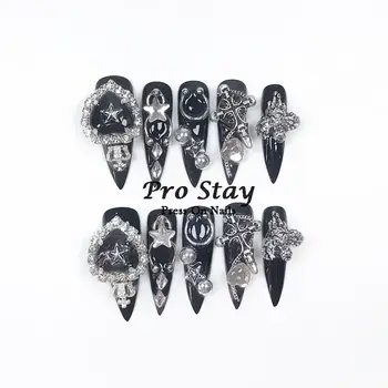 10 ks tmavě černých Y2k sexy ručně vyráběných nehtů s diamantovou kovovou dekorací, nositelné umělé nehty 10 nejlepší prodej černé jehlové nehty - №4