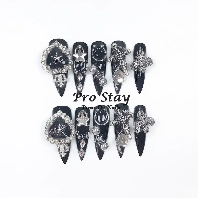 10 Uñas Postizas Hechas a Mano Negras Y2K, Decoración de Diamantes y Metal, Frescas y Geniales 5