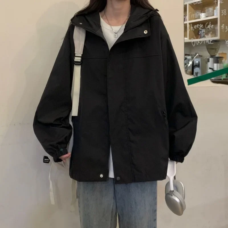 Windproof Casual Loose Hooded Work Jacket Black Jacket Spring and Autumn Thin