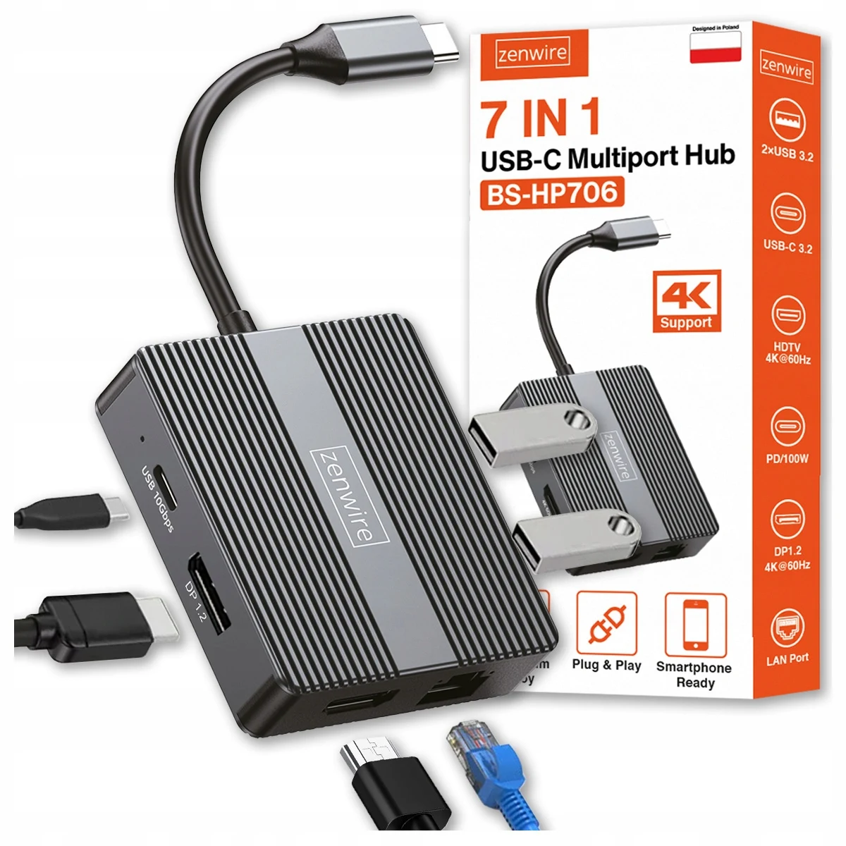 USB-C 7in1 USB 3.0 HDMI-adapter 4K 60Hz Displaypoort Gigabit RJ-45 1000M Zenwire BS-HP706